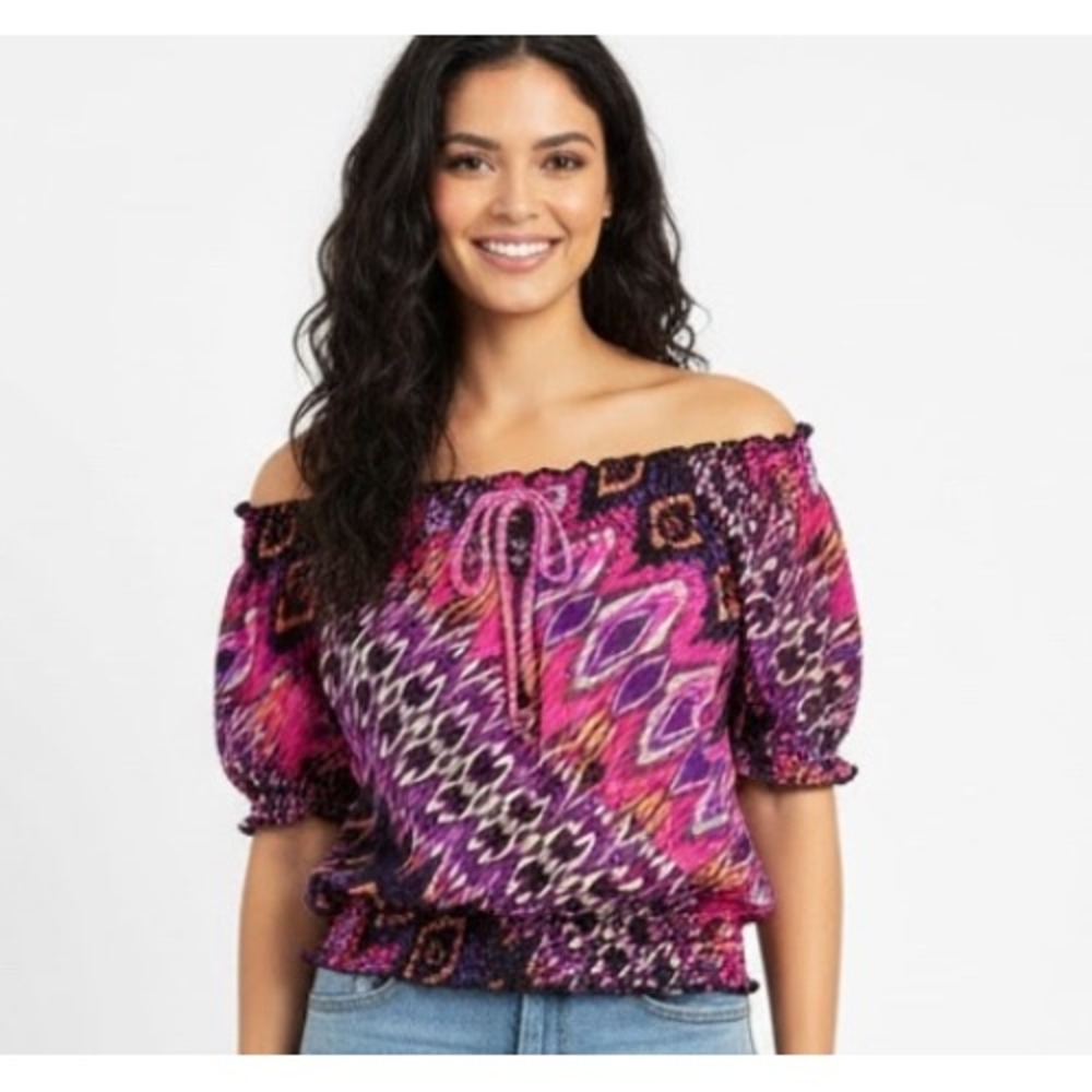 BONGO Womens Sm VTG Y2K Boho Off Shoulder Smocked Crop Top Tribal Print Colorful